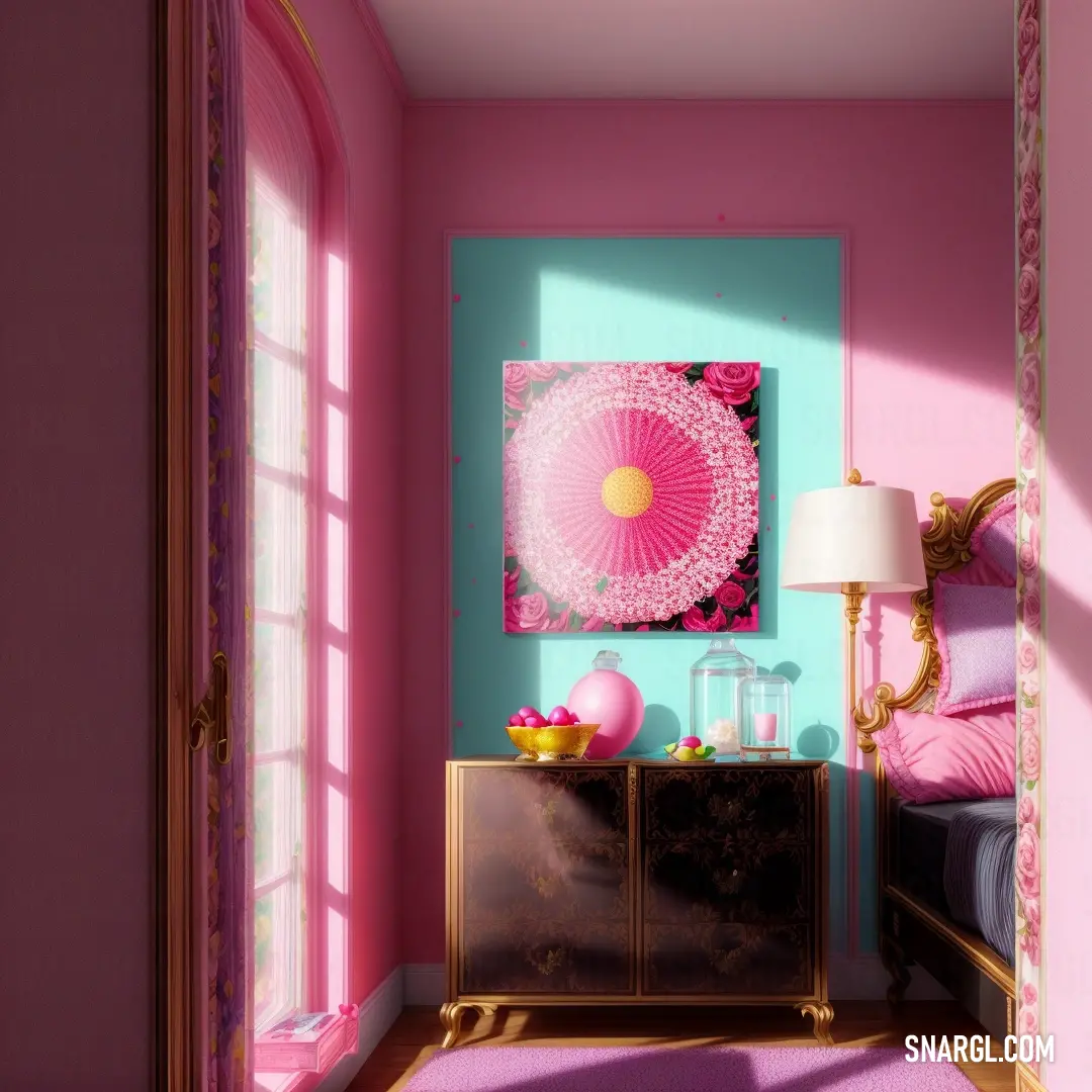 Pink and blue room with a pink rug and a pink wall with a pink and yellow painting on it