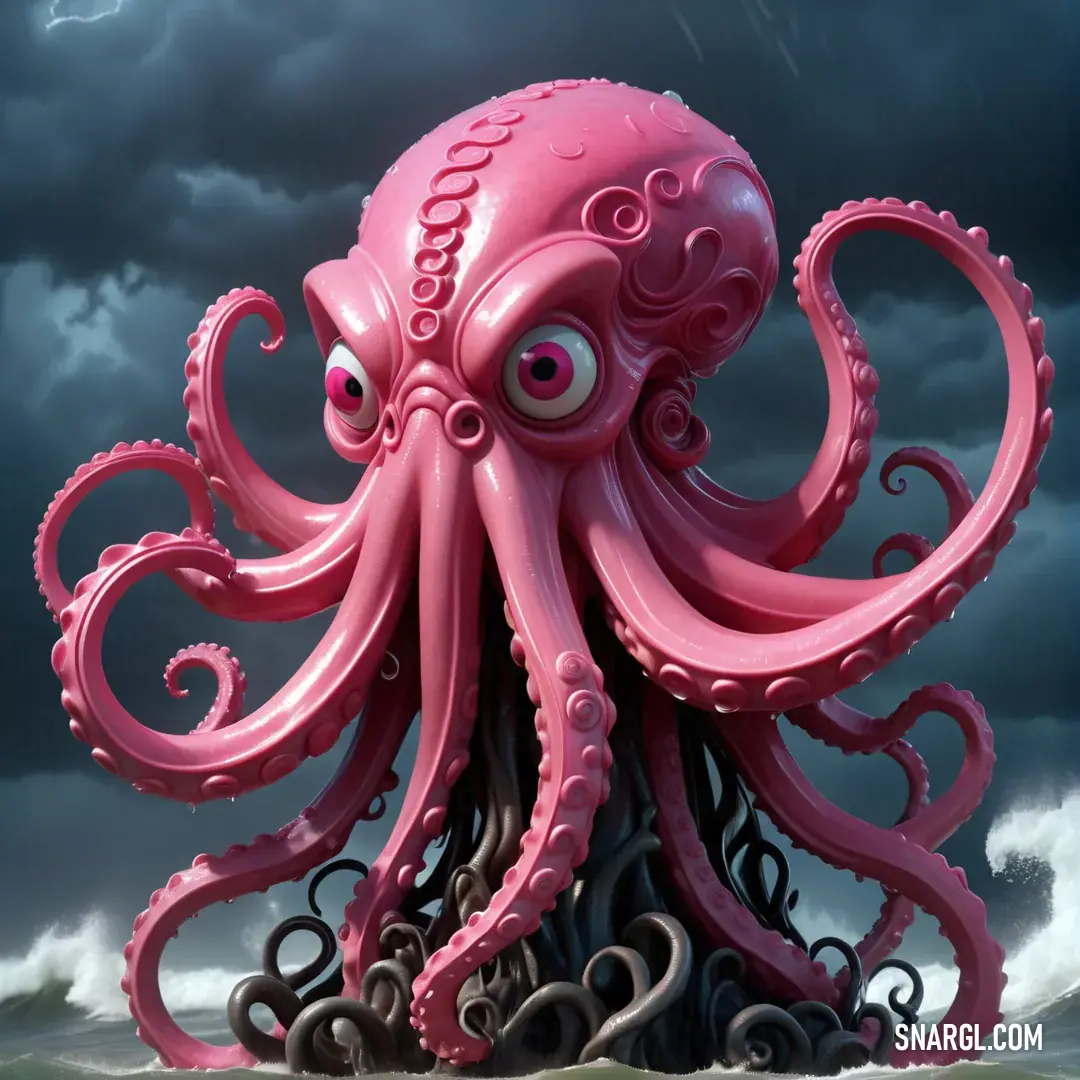 Pink octopus is standing in the water with a storm in the background and a lightning bolt in the sky