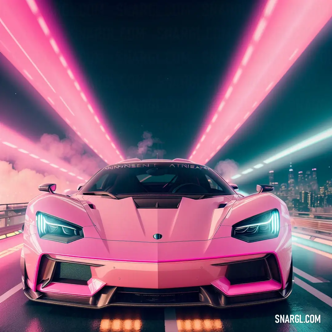 Pink sports car driving down a street at night with bright lights on the side of it's hood