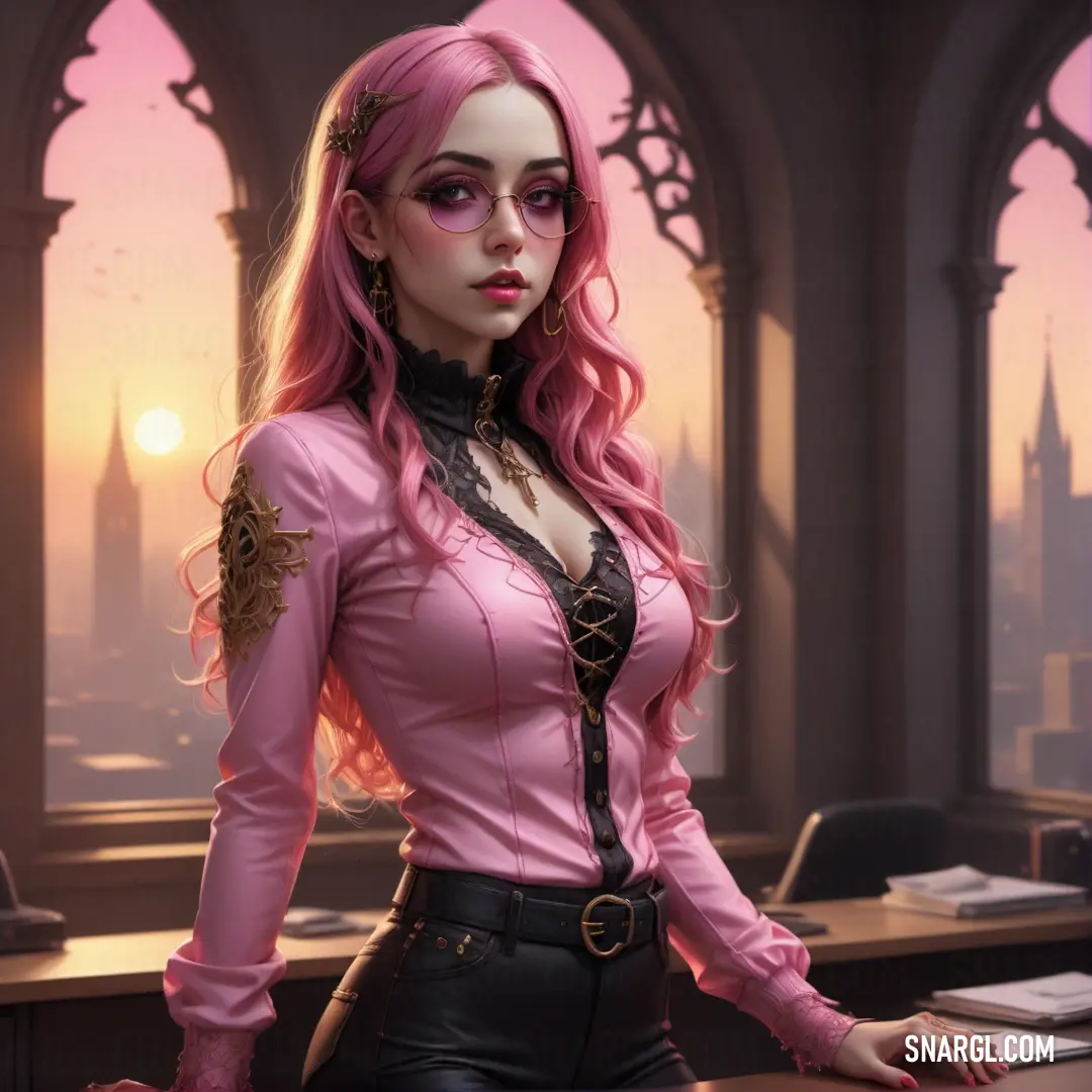 Woman with pink hair and a pink shirt and black pants standing in front of a desk with a clock