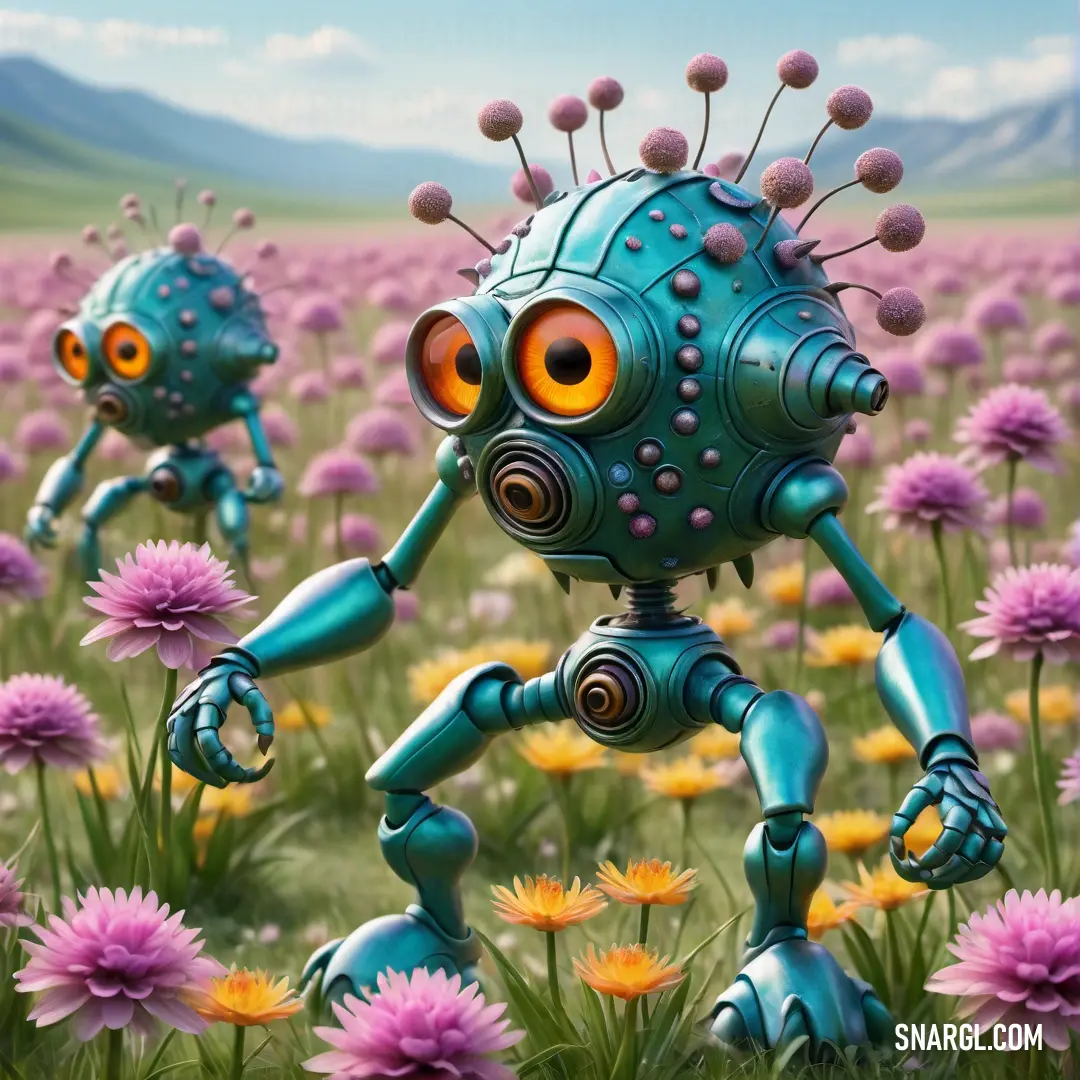 Robot is standing in a field of flowers with a blue body and orange eyes and a pink nose. Example of CMYK 96,3,41,13 color.
