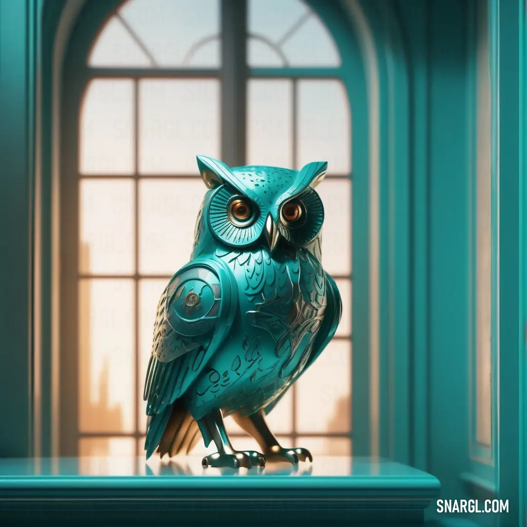 Blue owl statue on top of a window sill in front of a window sill with a window. Color #007E8A.