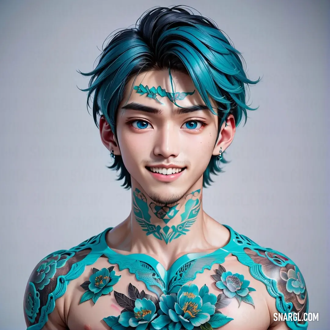 Man with tattoos on his chest and chest is smiling at the camera with blue hair and tattoos on his chest. Color #007E8A.