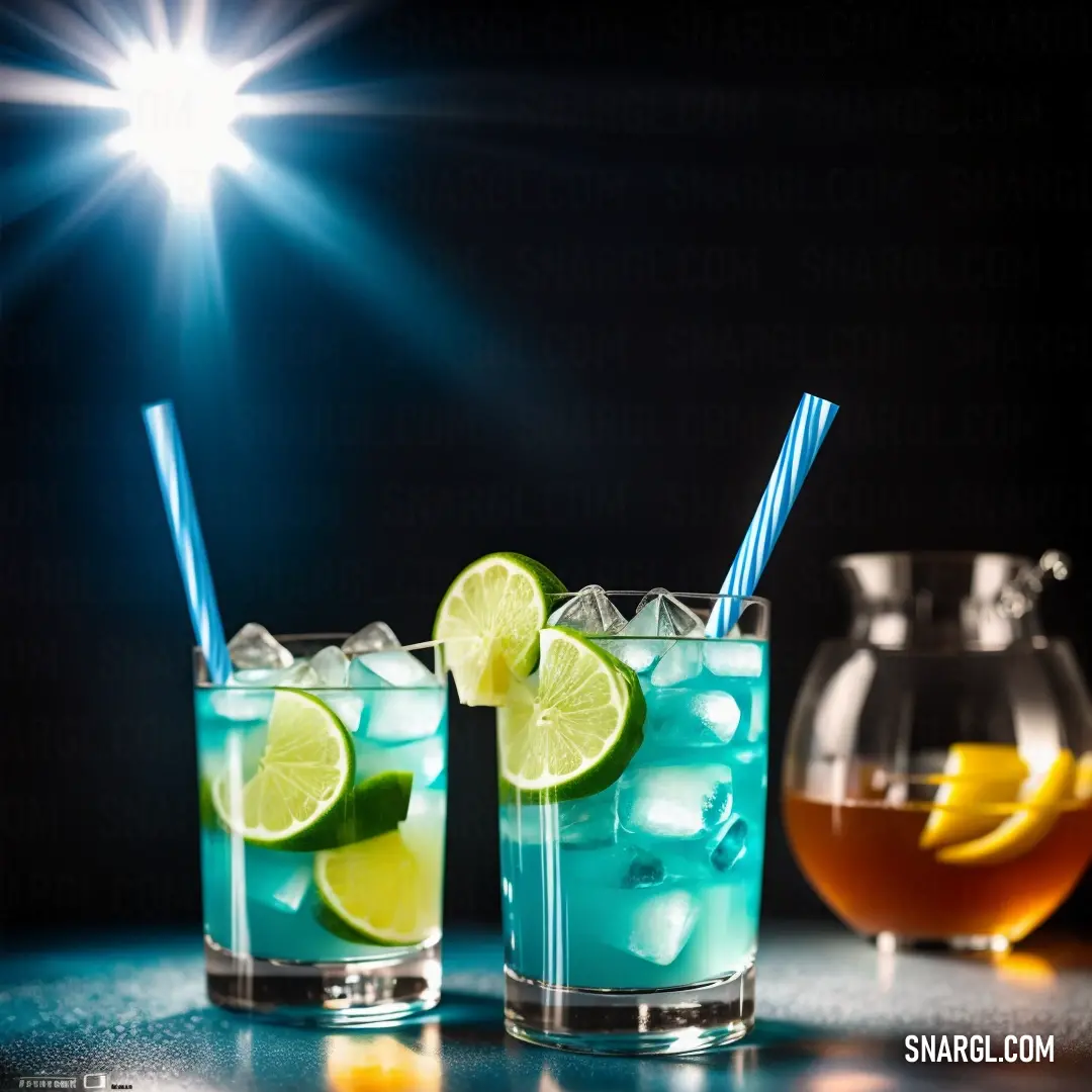 Two glasses of blue liquid with limes and a pitcher of tea on a table with a starburst. Color PANTONE 2231.