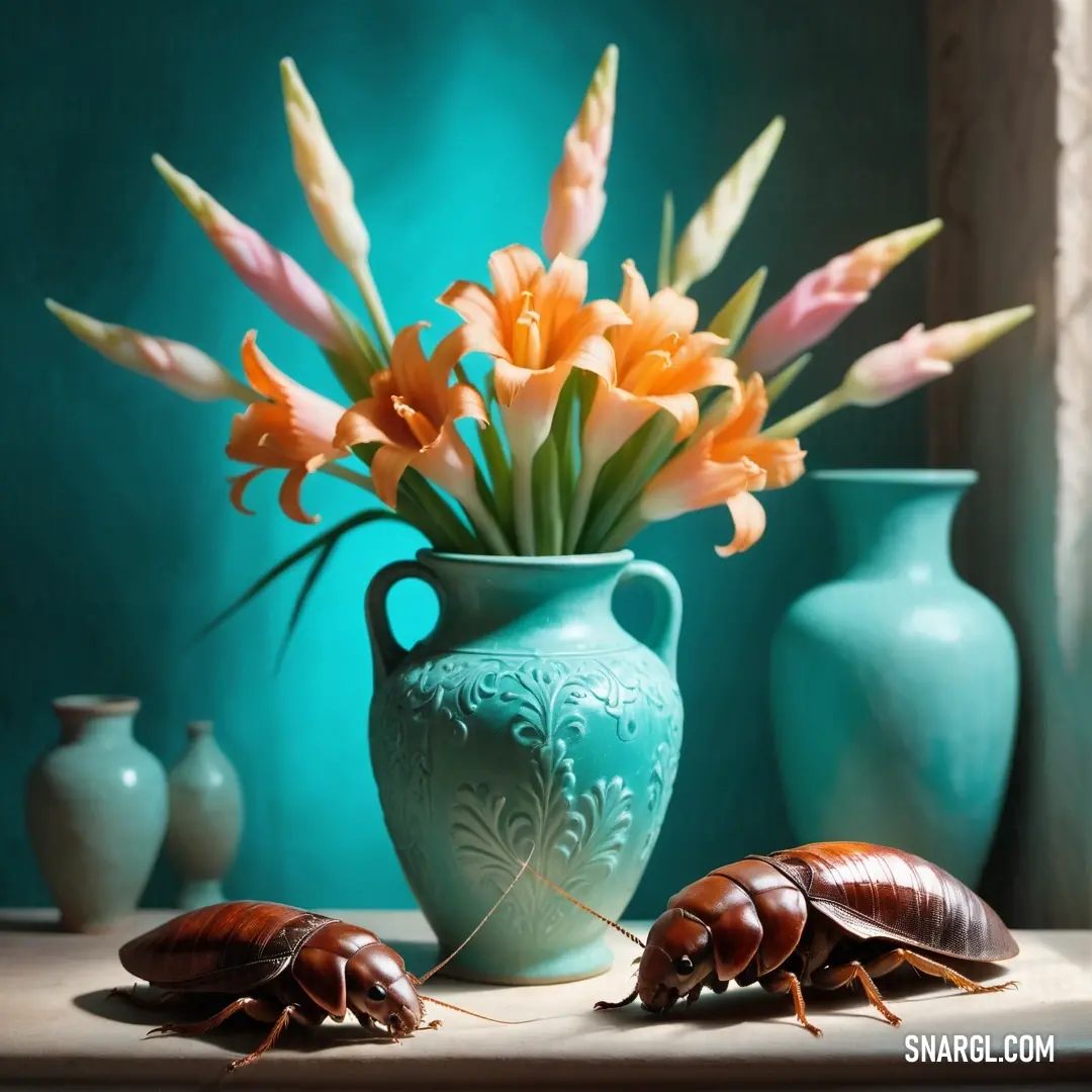 PANTONE 2231 color example: Vase with flowers and two bugs on a table next to vases with flowers and two bugs on them