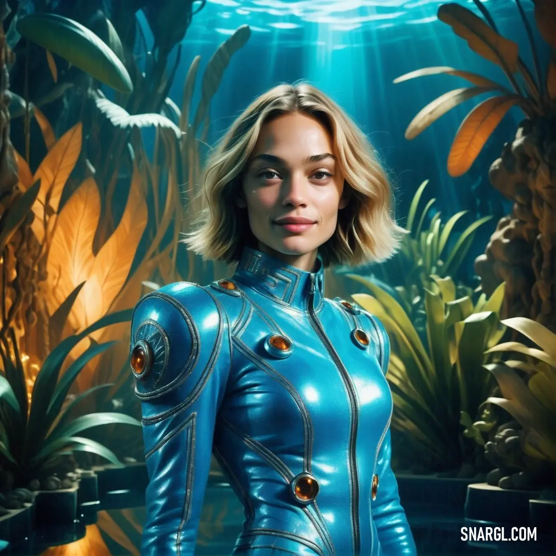 Woman in a blue suit standing in front of plants and plants in a underwater scene with sunlight streaming through the water
