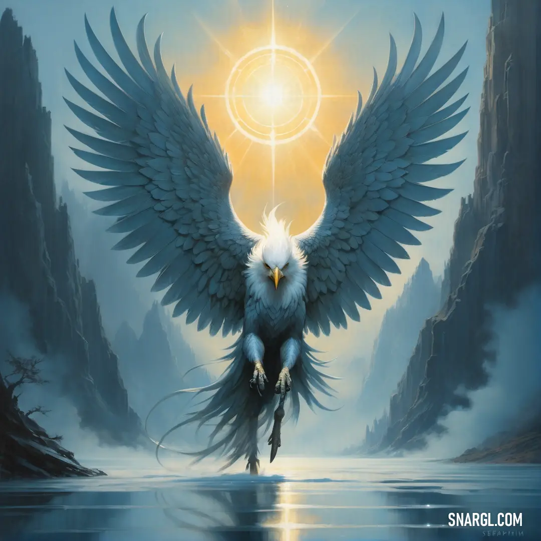 #4BA2A6 color. Painting of a bird with wings spread out and a sun in the background with a halo in the middle