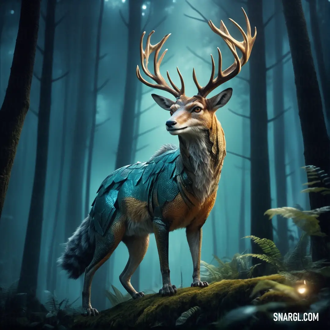 Deer with a blue bird on its back in a forest with trees and lights in the background. Example of #3C9A9F color.
