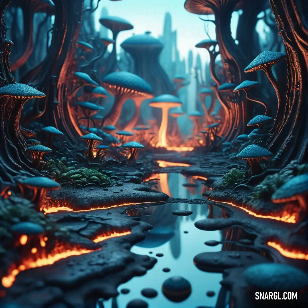 Fantasy scene with a pond and trees and mushrooms in the background. Example of CMYK 75,10,37,6 color.