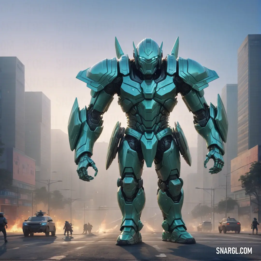 Giant robot standing in the middle of a city street with a police car behind it and a man in a suit. Color CMYK 75,10,37,6.