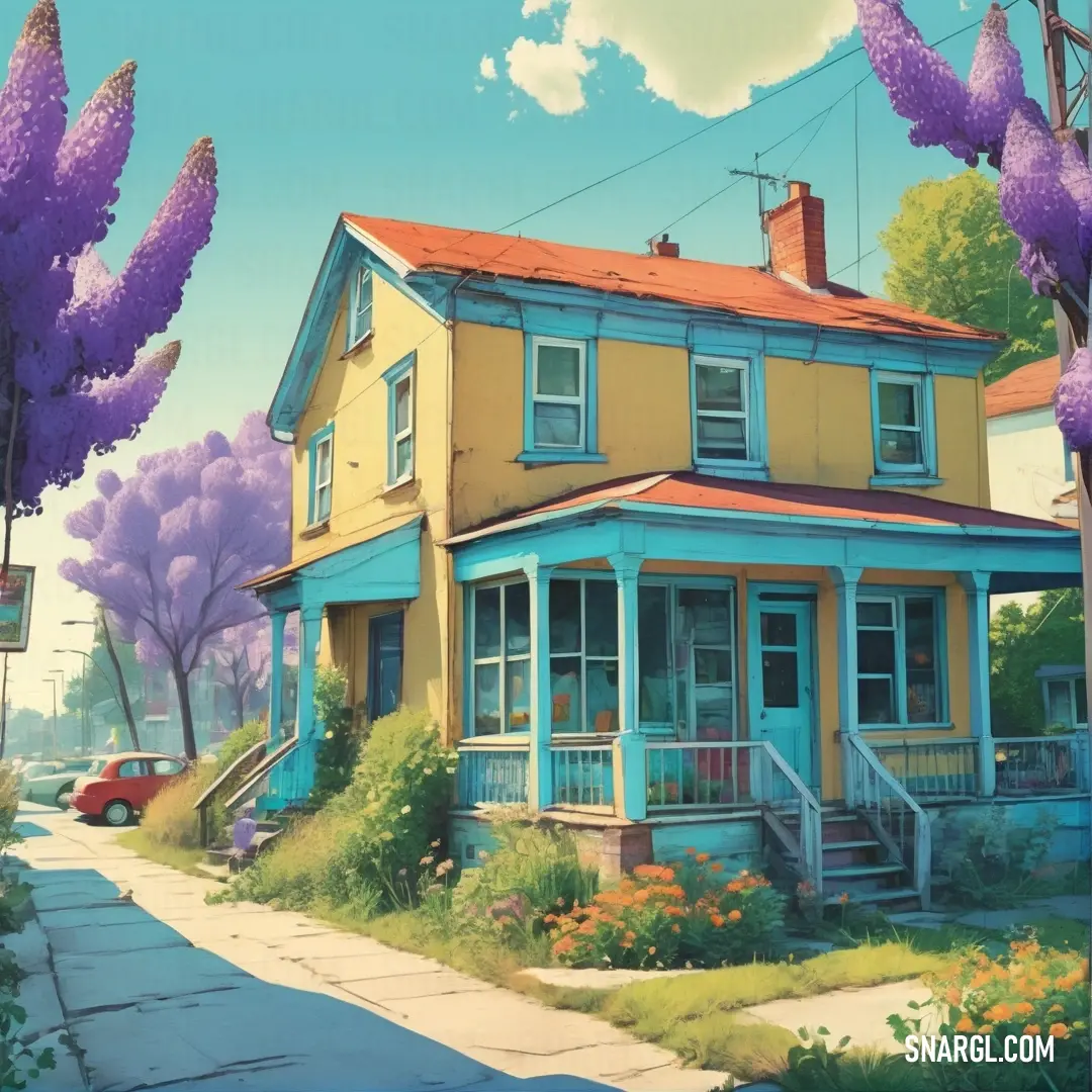 Painting of a house with purple flowers in front of it. Example of #3C9A9F color.