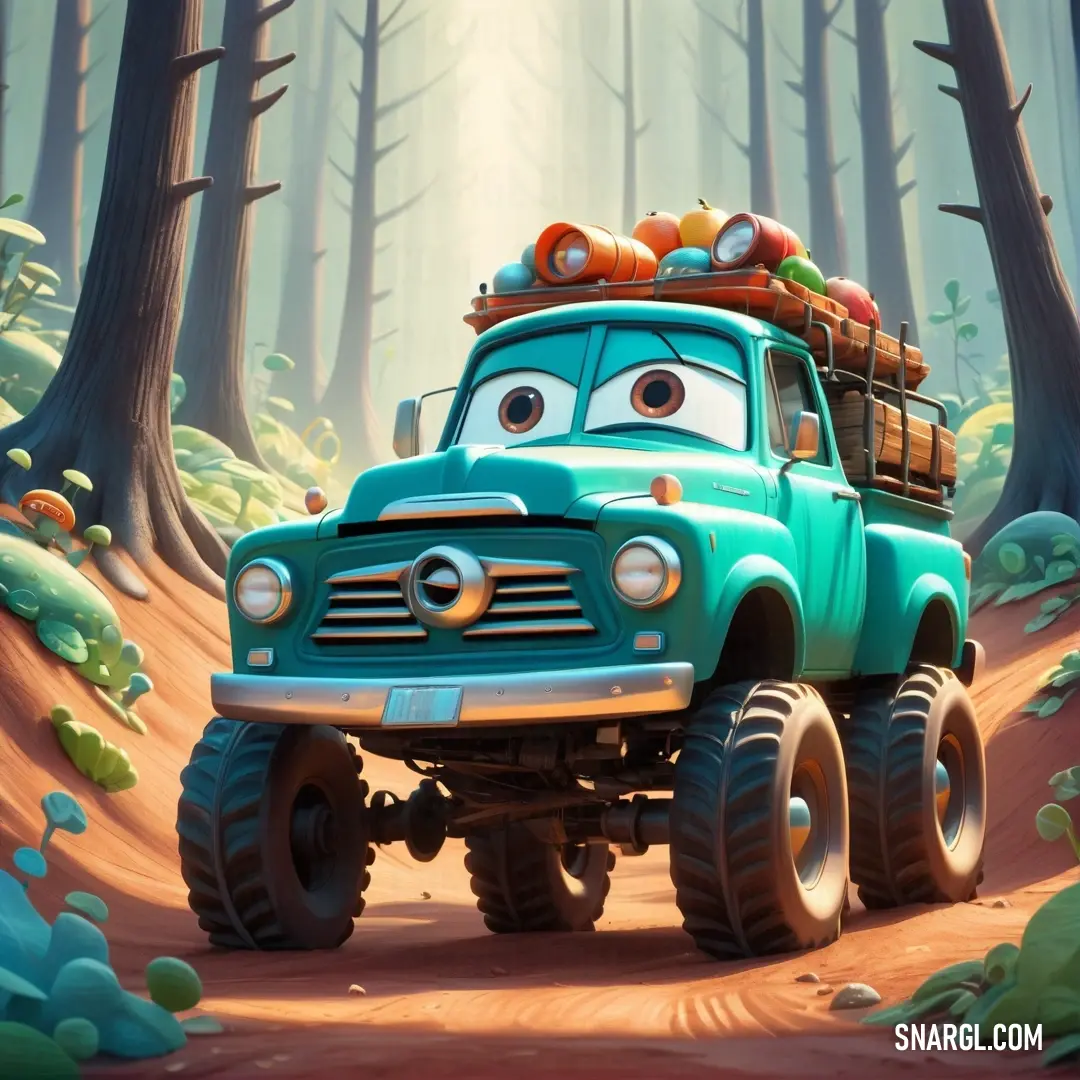Cartoon truck with a large tire driving through a forest filled with trees and leaves. Color #248E91.