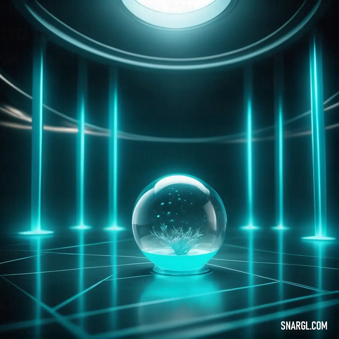 Glass ball with a plant inside of it on a tiled floor in a room with columns and lights. Example of #248E91 color.
