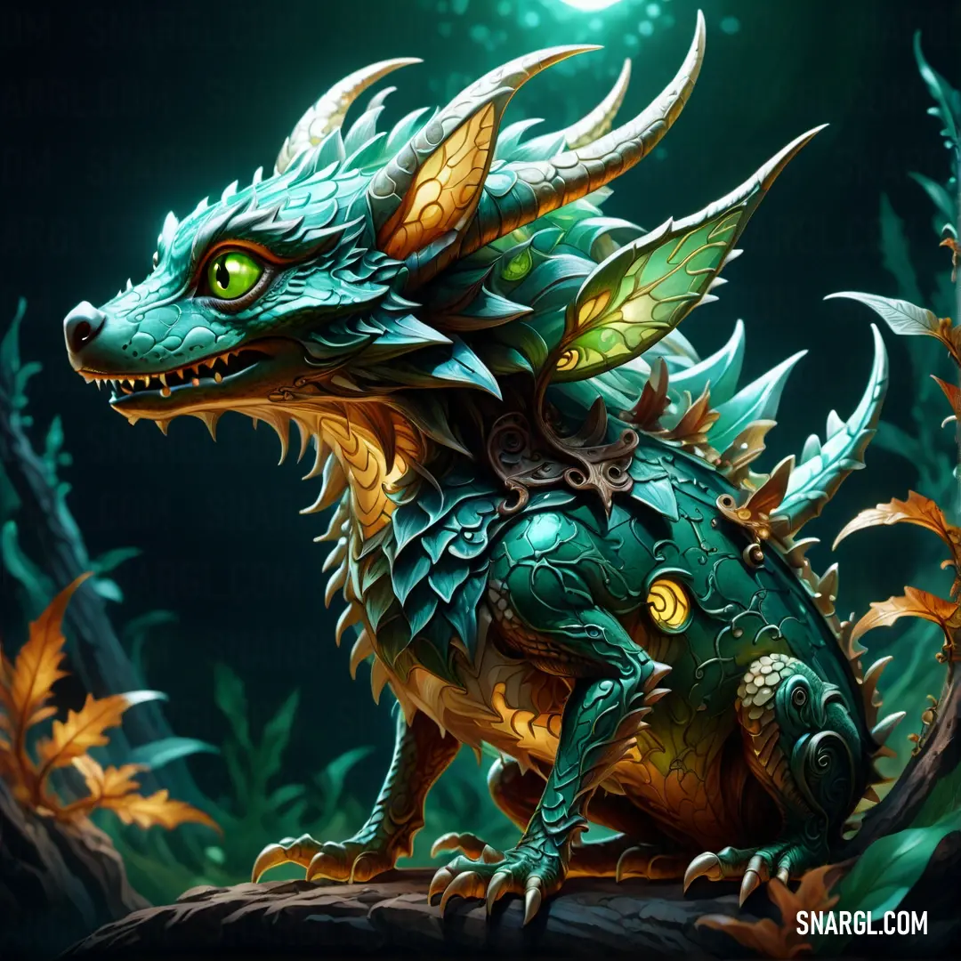 Green dragon with yellow eyes on a branch in the forest with leaves and flowers around it. Example of RGB 36,142,145 color.