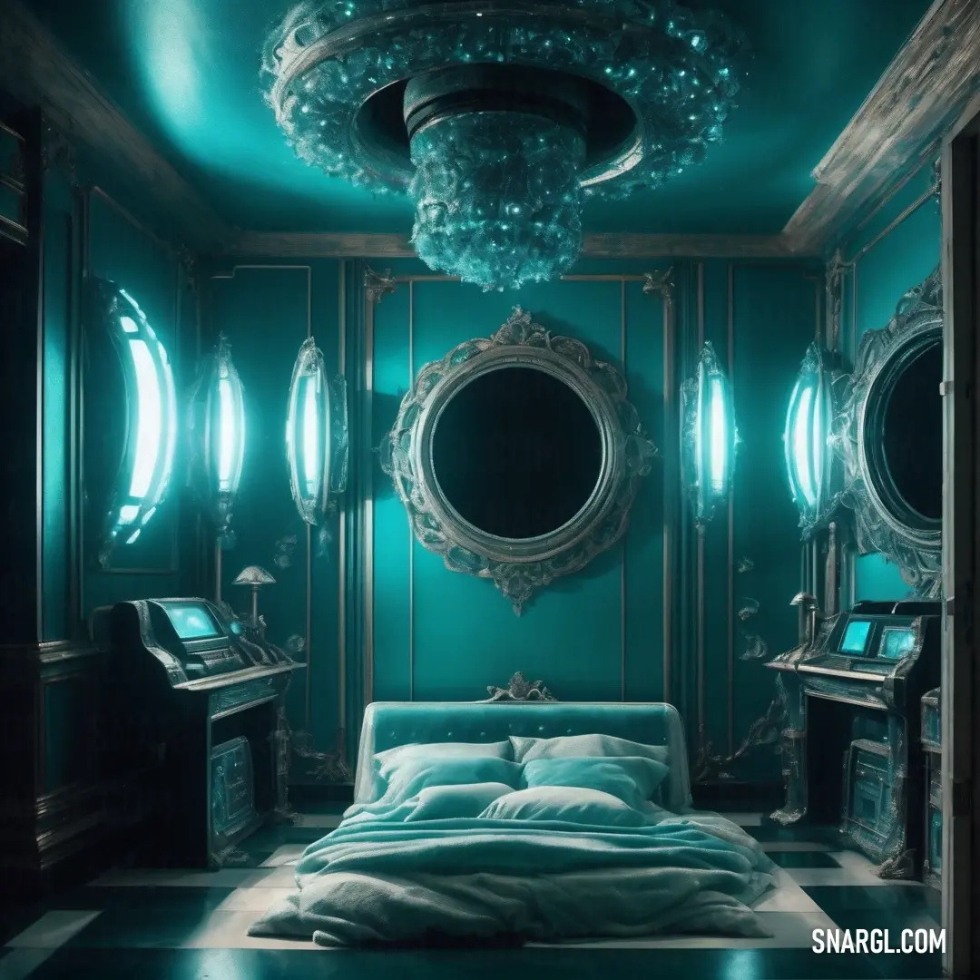 Bed in a bedroom under a mirror next to a desk and a mirror on the wall above it. Color CMYK 79,14,43,11.