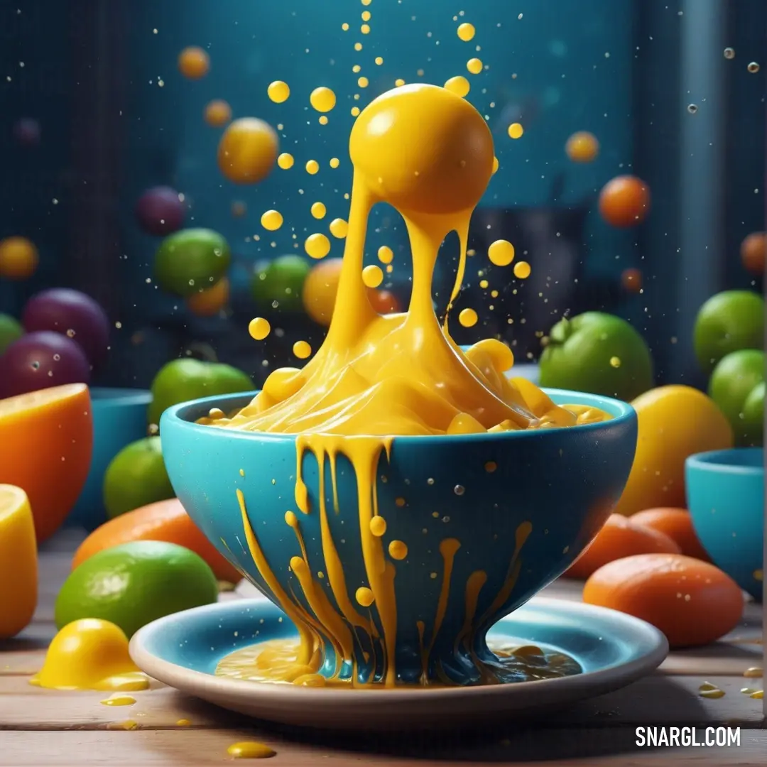 Blue and yellow bowl with liquid pouring out of it and a blue plate with a yellow liquid pouring out of it. Example of #0F7F83 color.