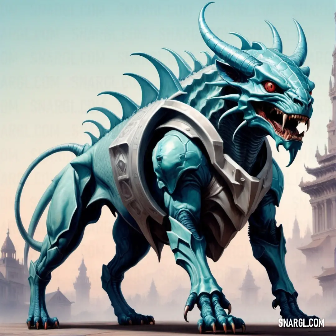 Blue dragon with a large head and large horns on it's back legs and a large body of body. Example of CMYK 86,16,44,21 color.