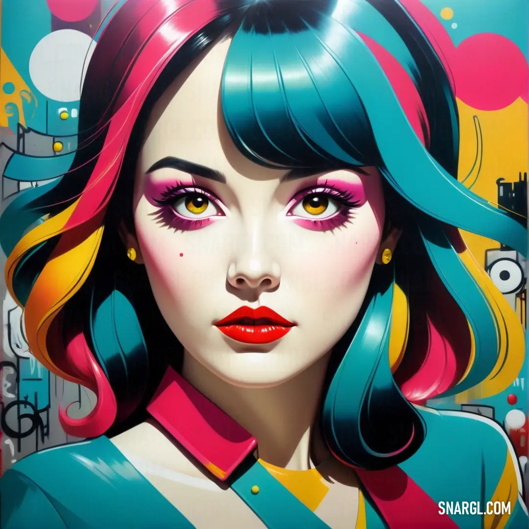 Painting of a woman with bright hair and bright makeup, with a colorful background. Example of RGB 15,127,131 color.