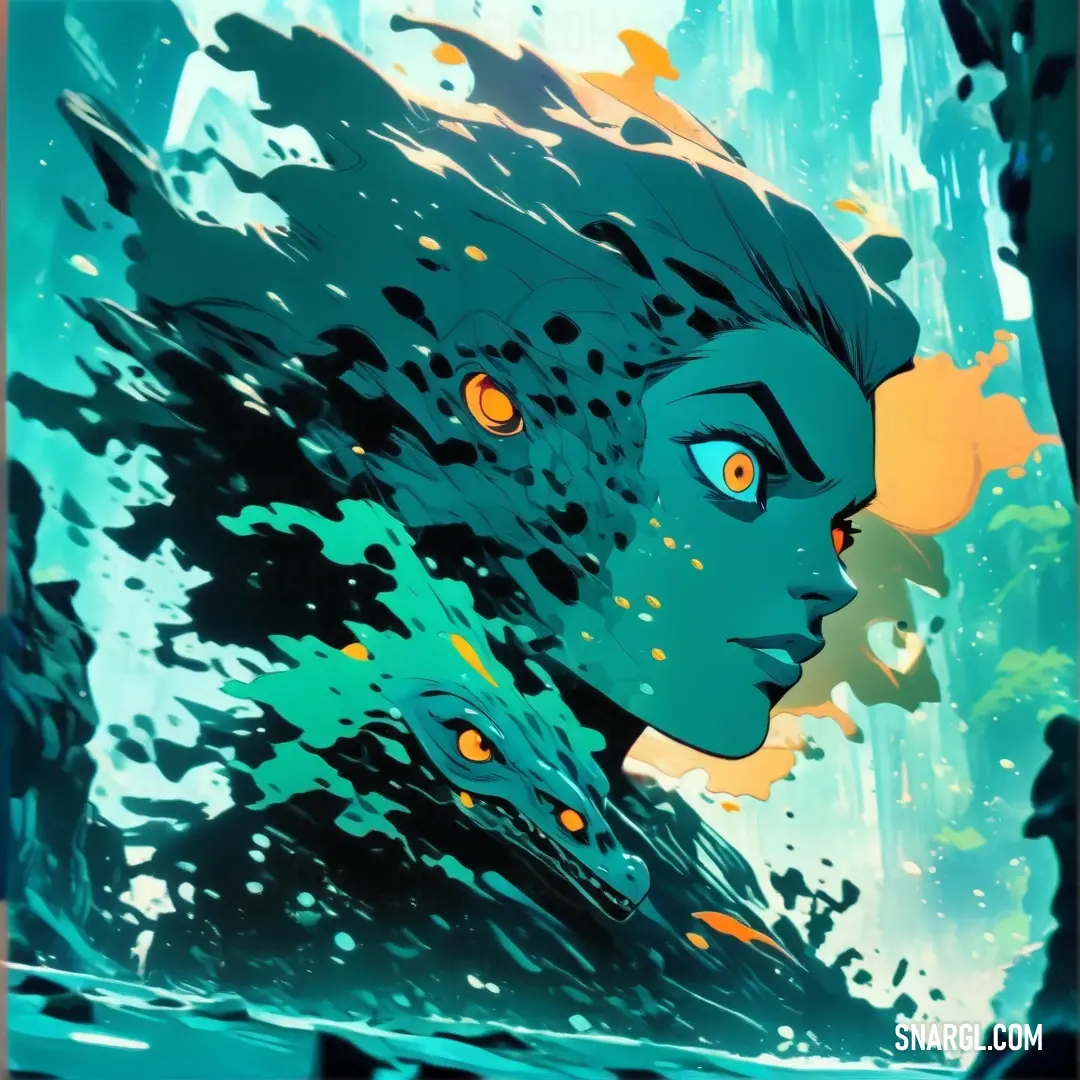 PANTONE 2237 color. Woman with blue hair and orange eyes is in the water with bubbles and bubbles around her head