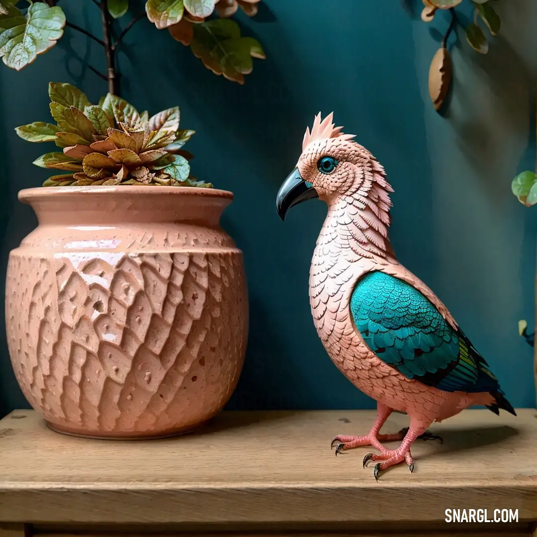 Bird is standing next to a potted plant on a shelf with a plant in it's mouth. Example of CMYK 100,2,46,49 color.