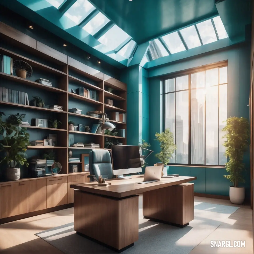 Room with a desk and a book shelf with a plant on it and a skylight above it. Color RGB 0,102,108.