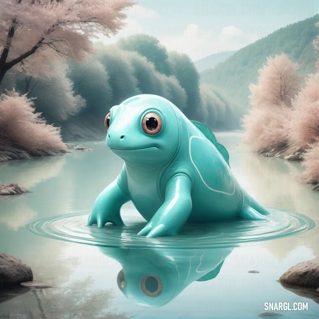 PANTONE 2239 color example: Blue frog in a pond of water with trees in the background