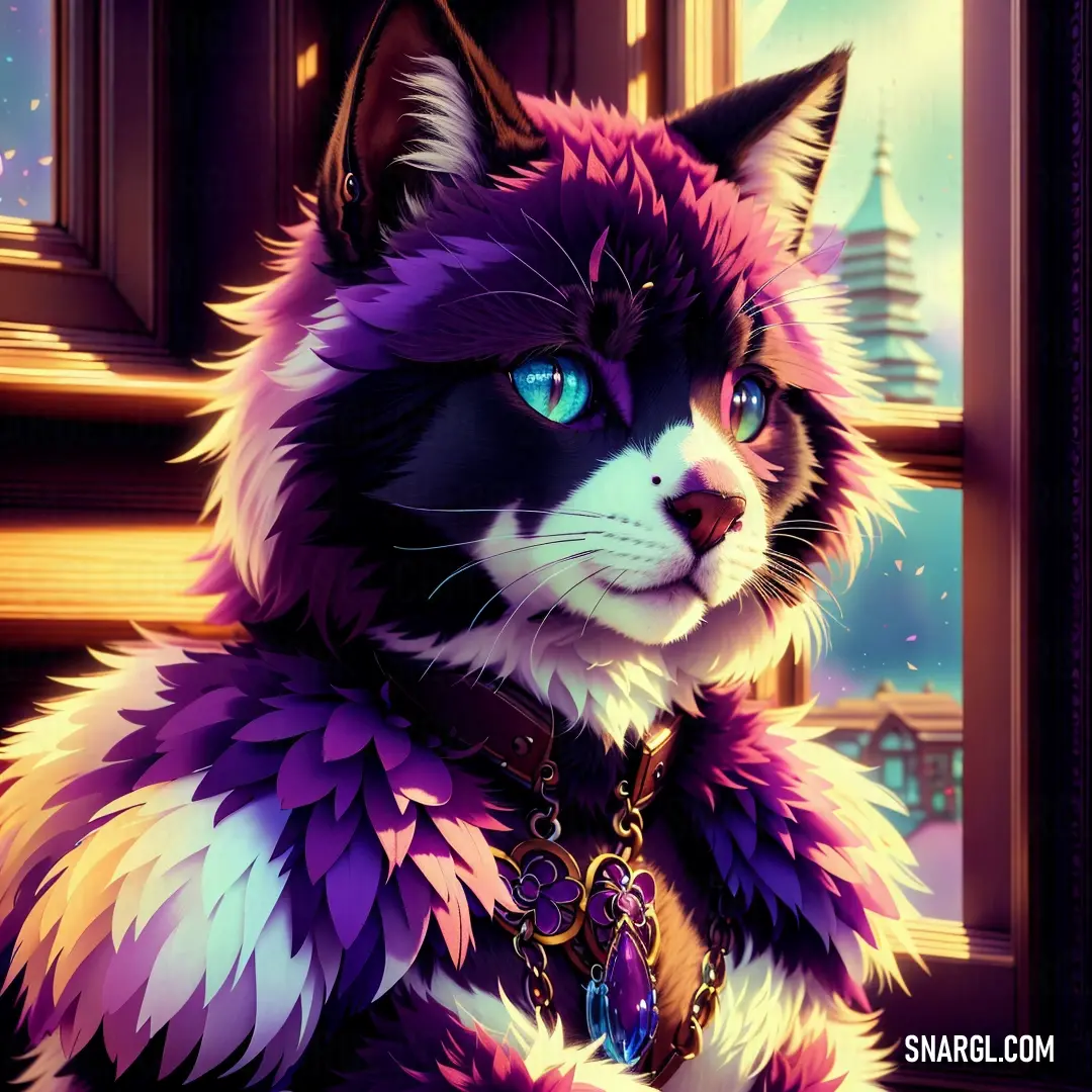 A sleek cat with striking blue eyes and a vibrant purple collar sits gracefully by a window. Outside, a dynamic cityscape unfolds beneath a wide sky. The soft green of the window frame complements the cool tones of the background.