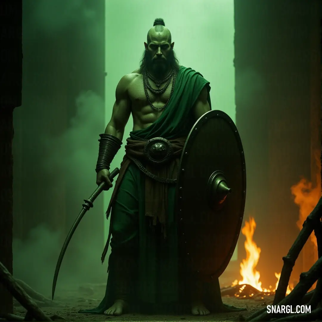 In a dark forest illuminated by flames, a fierce warrior clad in green stands ready, wielding a sword and shield. The contrasting shadows and flickering firelight create a dramatic scene, highlighting the determination captured in the figure's stance.