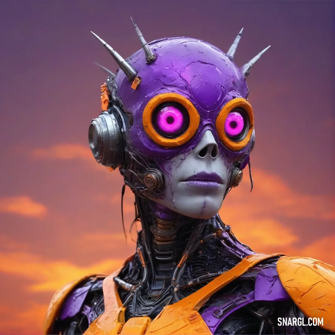 A quirky robot featuring captivating purple eyes and stylish orange headphones, stands in a futuristic setting, reflecting a playful blend of technology and personality ready for exploration.