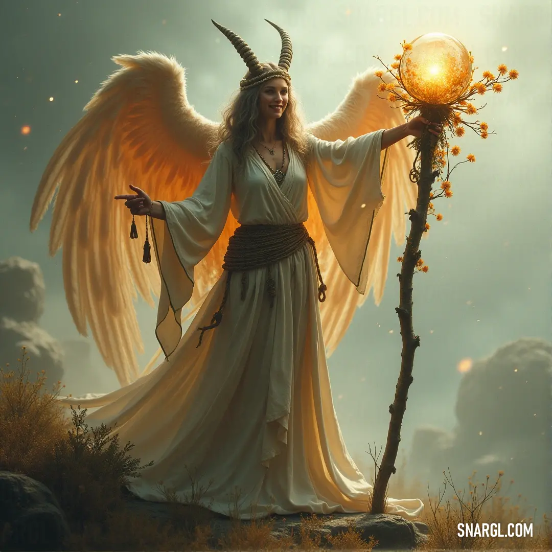 A woman dressed in a flowing white outfit holds an ornate ball and stick with a horned head and delicate wings, creating a sense of fantasy and whimsy in a magical setting filled with wonder.