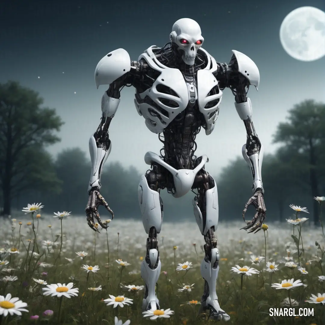 A futuristic robot stands proudly in a field of daisies, with a bright full moon glowing behind it. The robot's cool metallic design contrasts beautifully with the peaceful, natural setting.