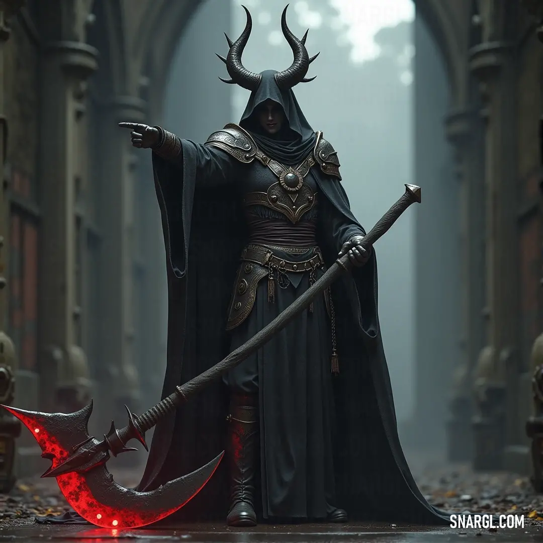 A striking statue of a horned figure standing tall in a dimly lit alley, the soft glow of a red light accentuating its menacing presence. The intricate details of the horned head and staff emphasize the air of mystery surrounding this eerie scene.