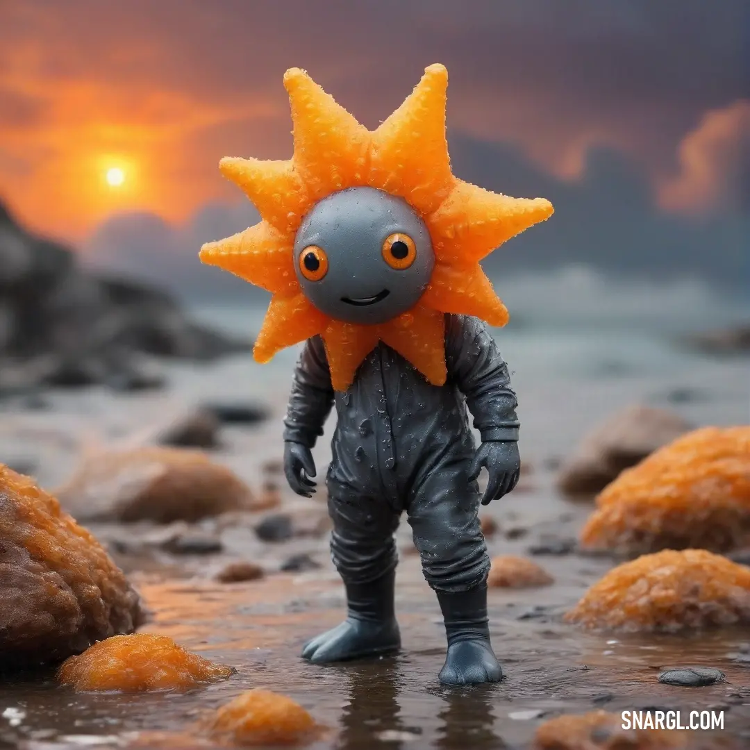 A cheerful toy with a sun symbol atop its head playfully stands in a glistening puddle surrounded by colorful pebbles, reflecting the warm tones of the CMYK color palette nearby.