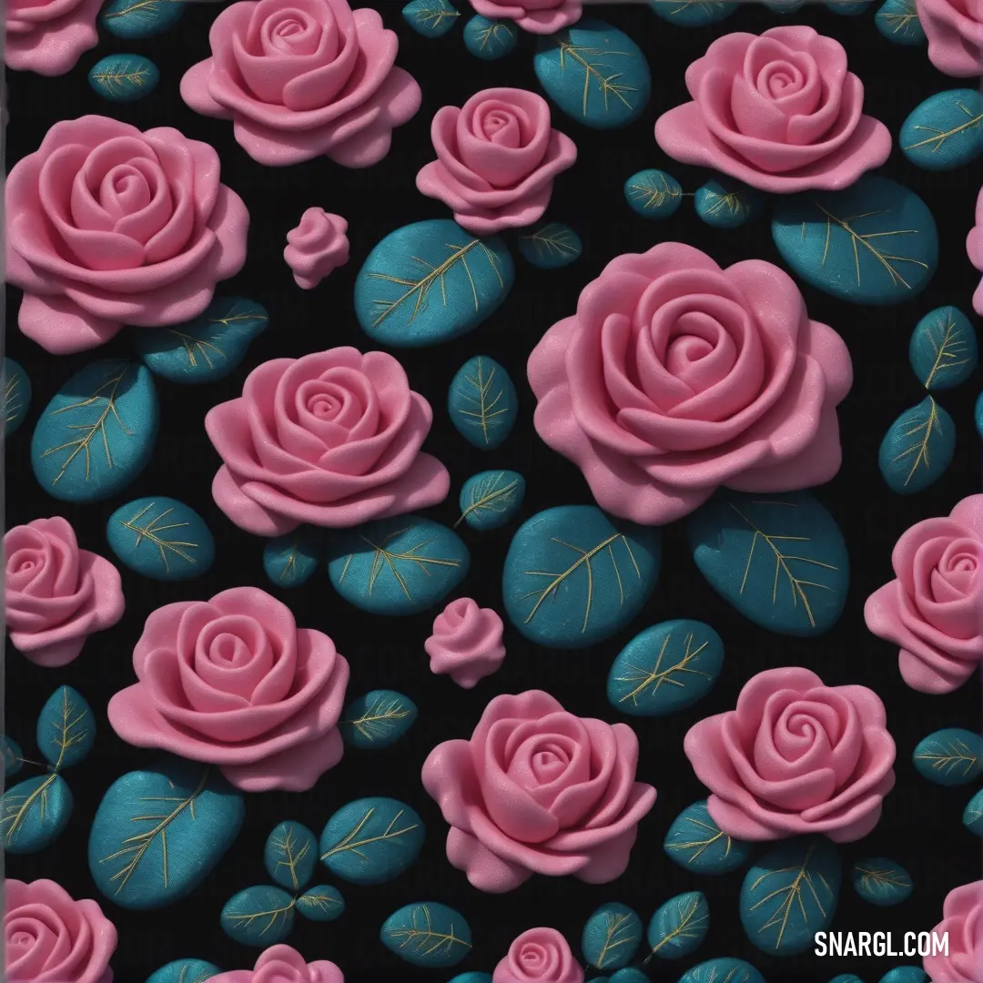 PANTONE 224 color. Close up of a pattern of pink roses on a black background with leaves