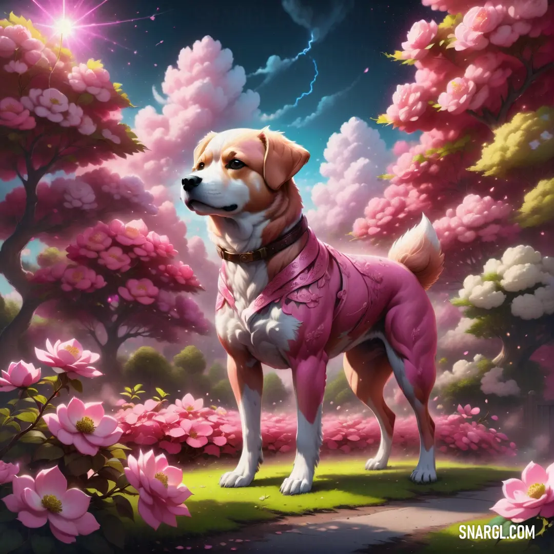 Dog standing in a field of flowers with a sky background