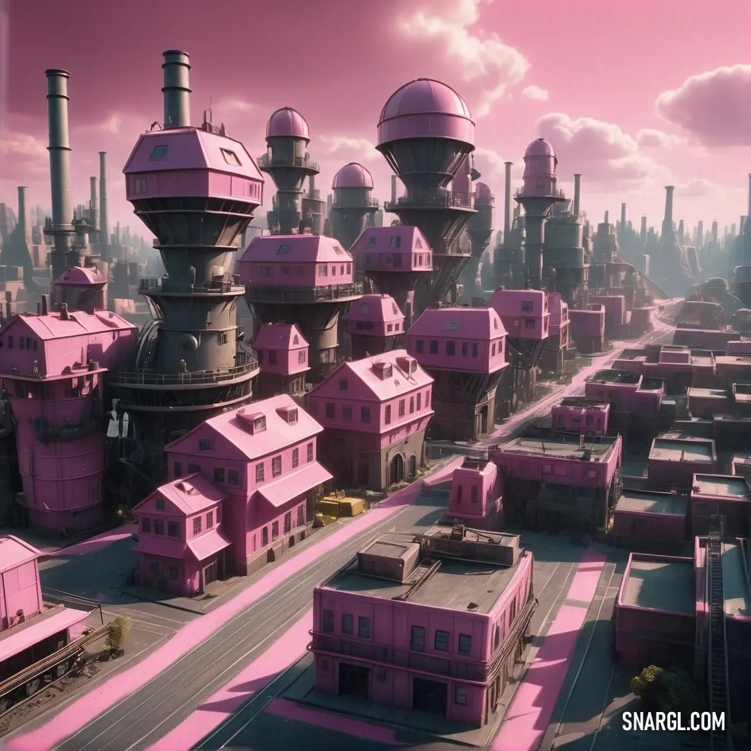 Futuristic city with pink buildings and a pink sky in the background with clouds in the sky and a pink sky. Example of CMYK 3,70,0,0 color.