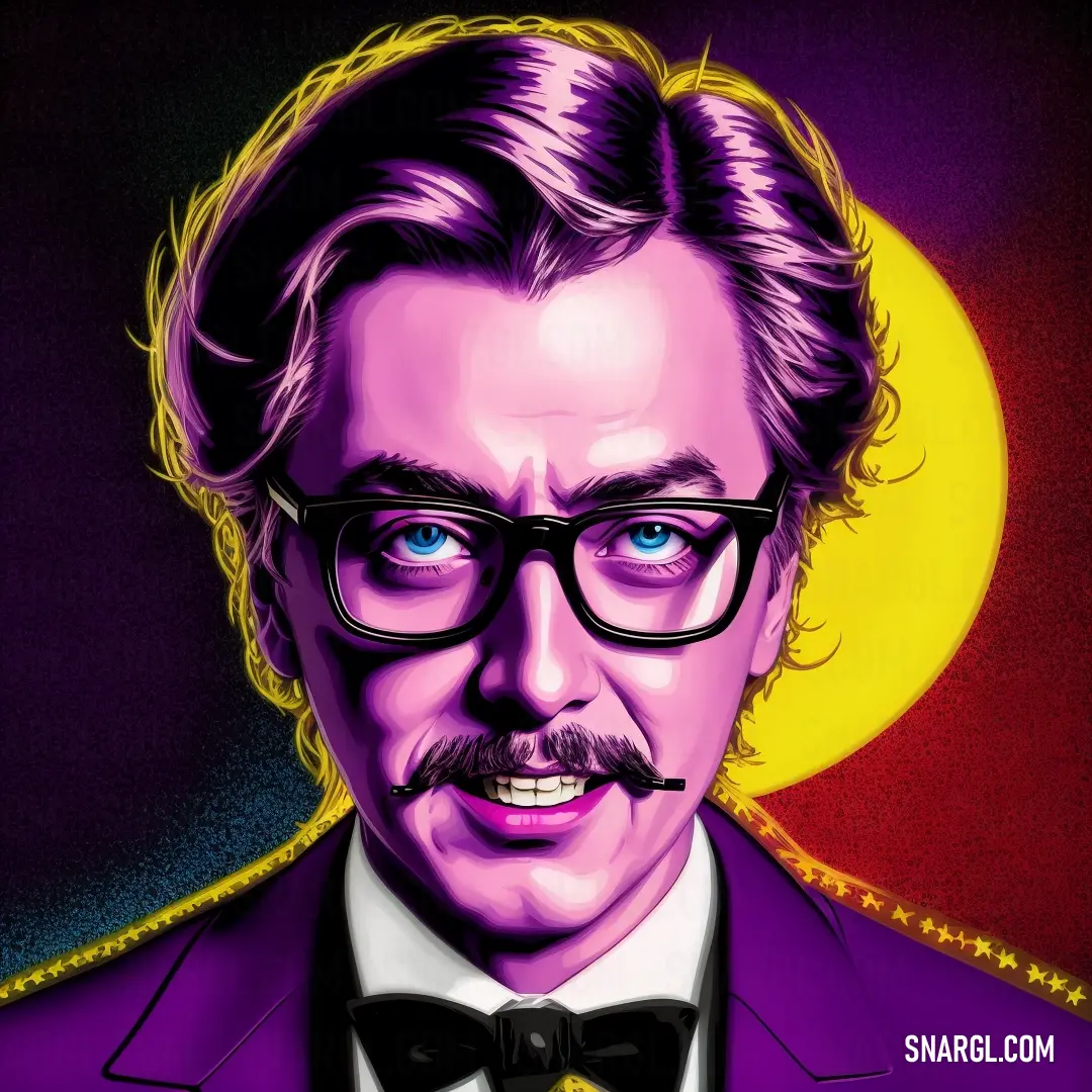 Man with glasses and a mustache in a suit and tie with a full moon in the background and a red