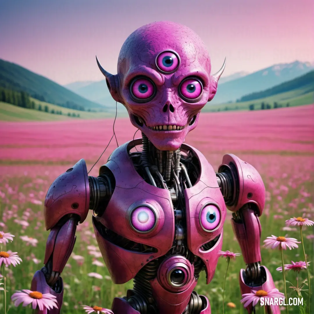 Pink alien standing in a field of flowers with a pink sky in the background