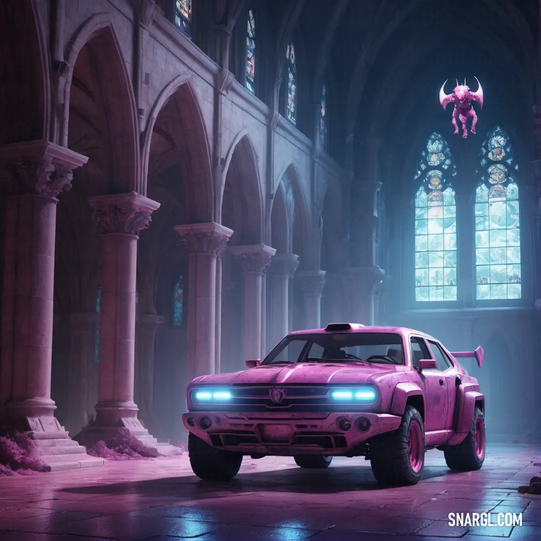 Pink car parked in a gothic - themed building with a gothic - inspired window behind it and a demon - like light on the front of the car