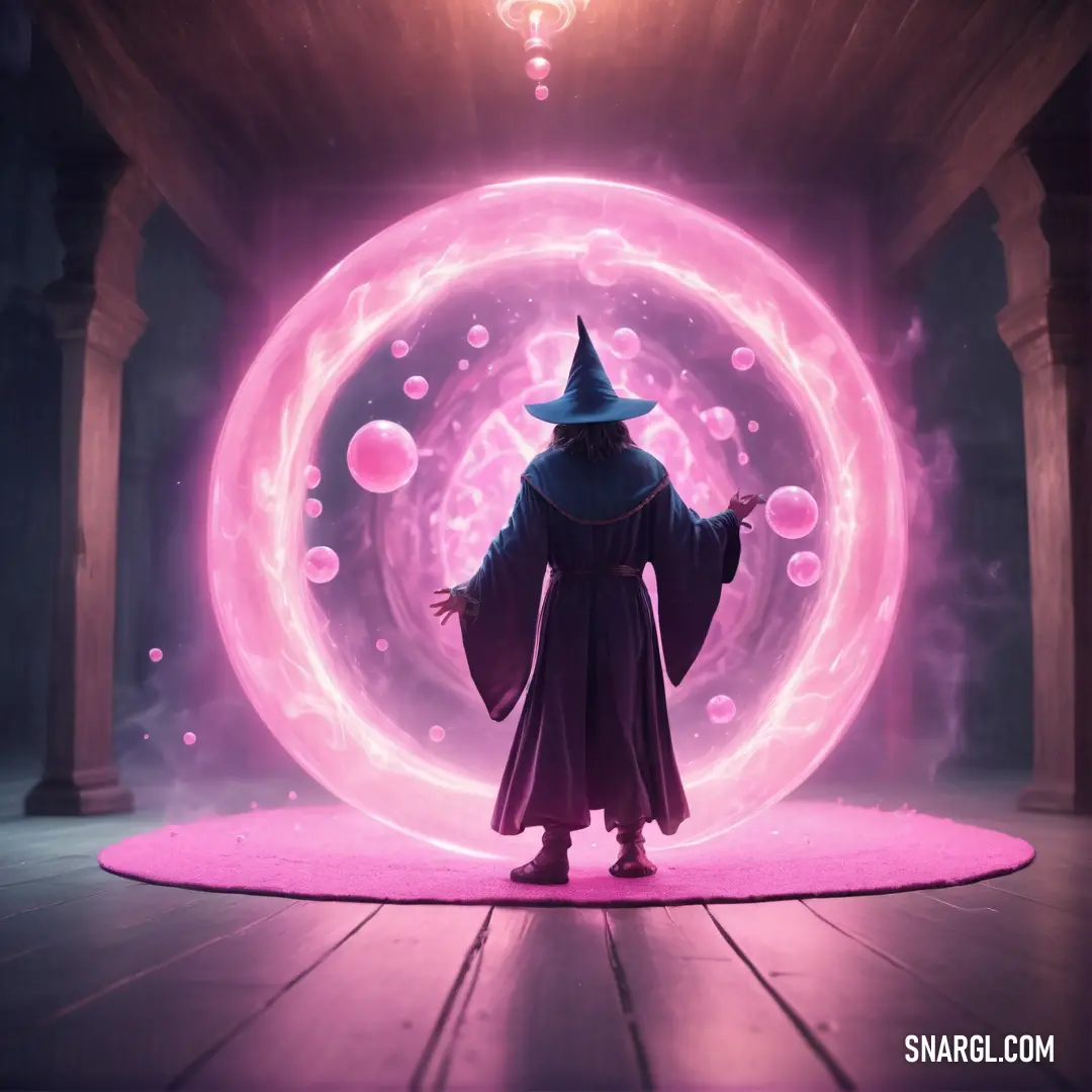 Wizard standing in front of a glowing orb with a wizard hat on his head and a purple robe on
