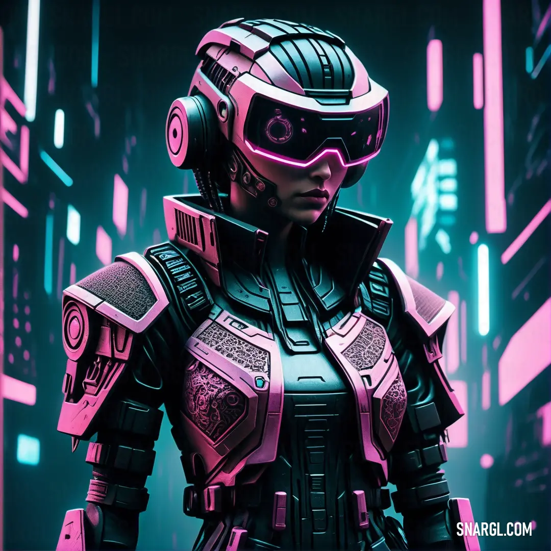 Woman in a futuristic suit and helmet standing in a futuristic city with neon lights on her face
