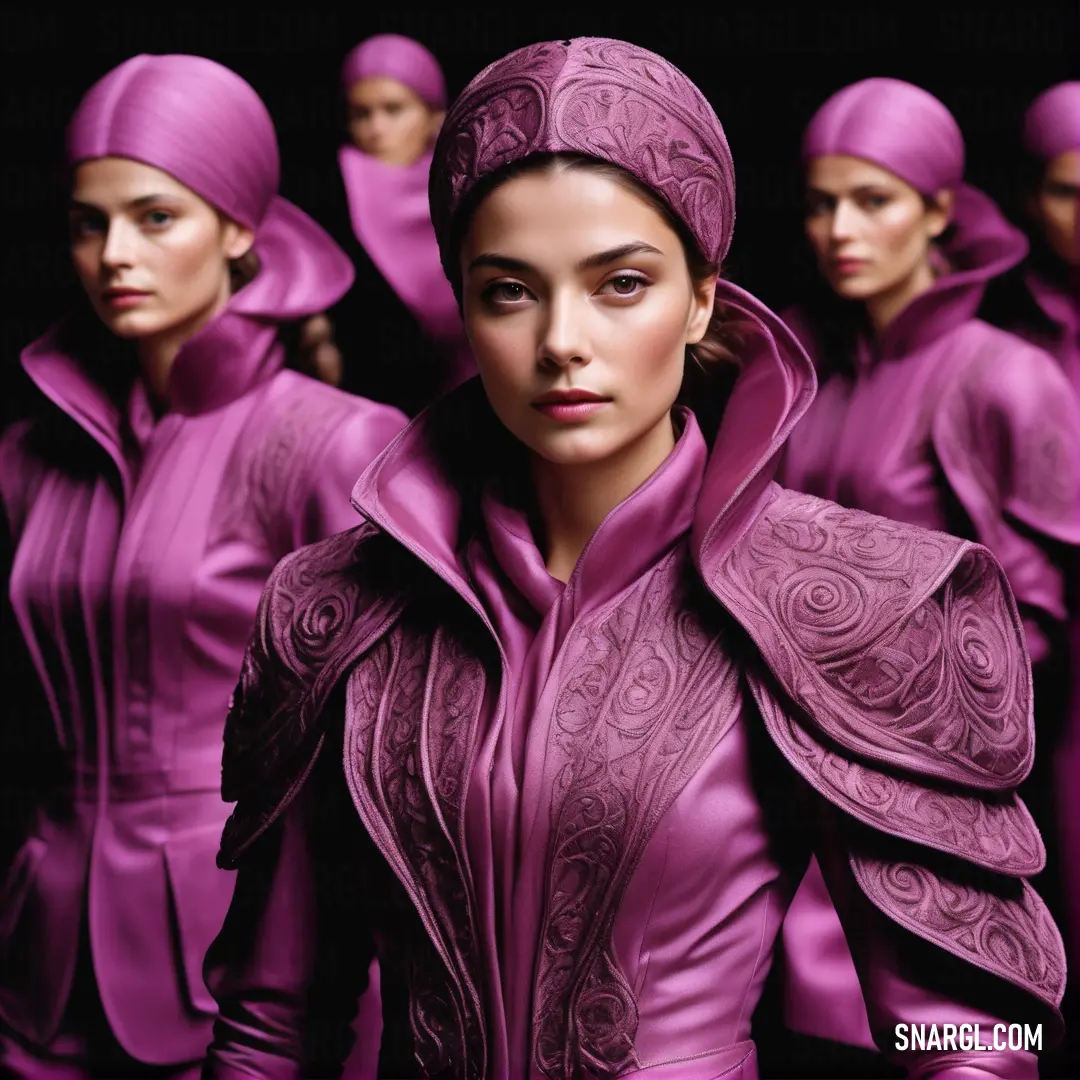 Woman in a purple outfit with a group of other women in purple dresses behind her