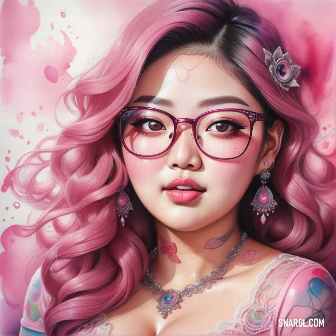 Woman with pink hair and glasses on her face and a pink background with a butterfly on her shoulder. Color PANTONE 224.