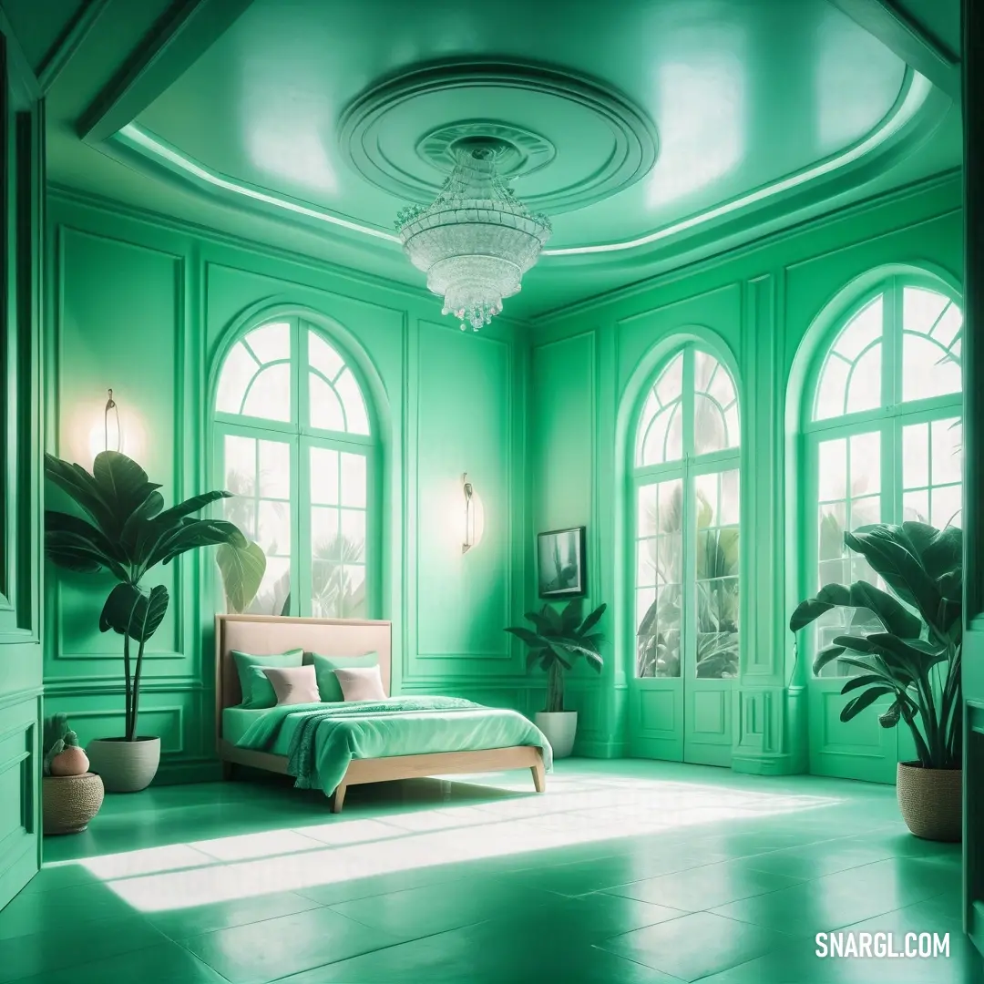 Bedroom with green walls and a bed in the middle of the room with a chandelier hanging from the ceiling. Color PANTONE 2240.