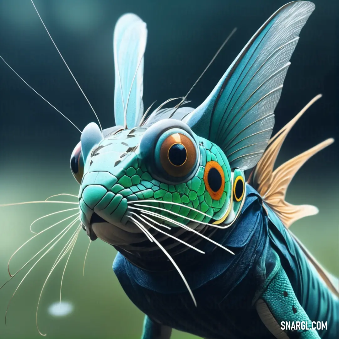 Blue and green fish with big eyes and a long tail. Example of #45AF99 color.