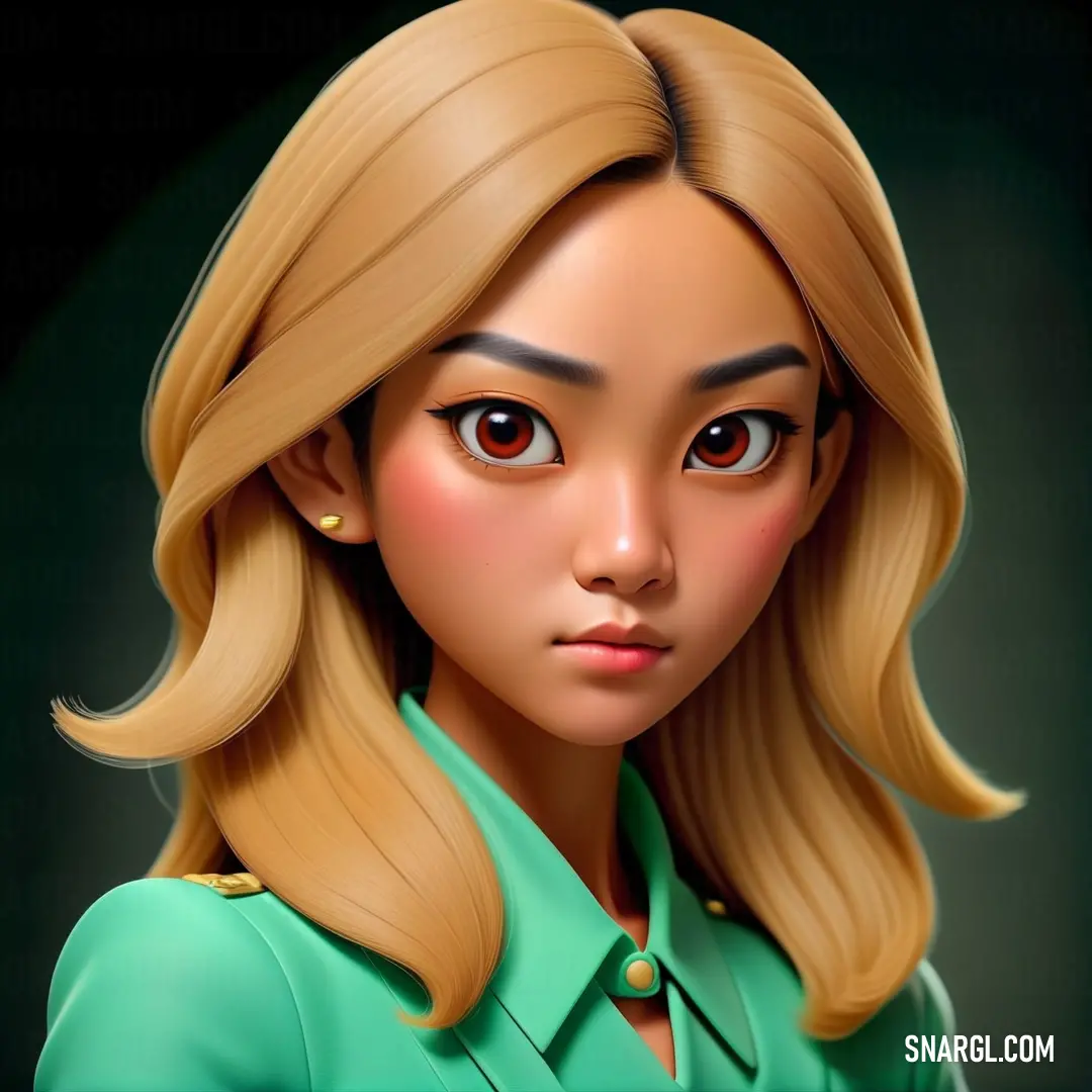 Cartoon girl with blonde hair and a green shirt on her shirt is looking at the camera and has a serious look on her face