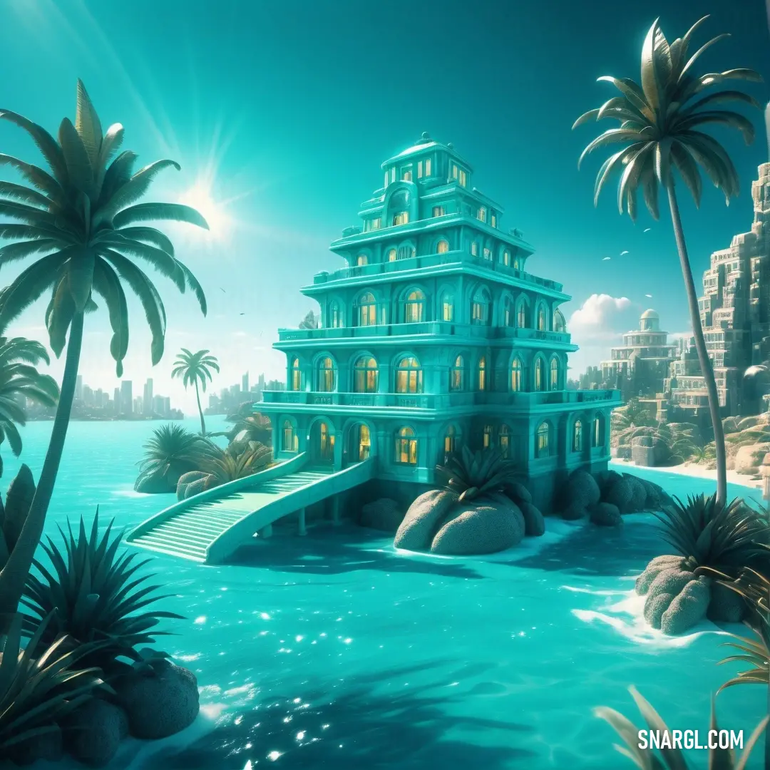 Futuristic building with a slide in the water surrounded by palm trees and a city skyline in the background. Color RGB 69,175,153.