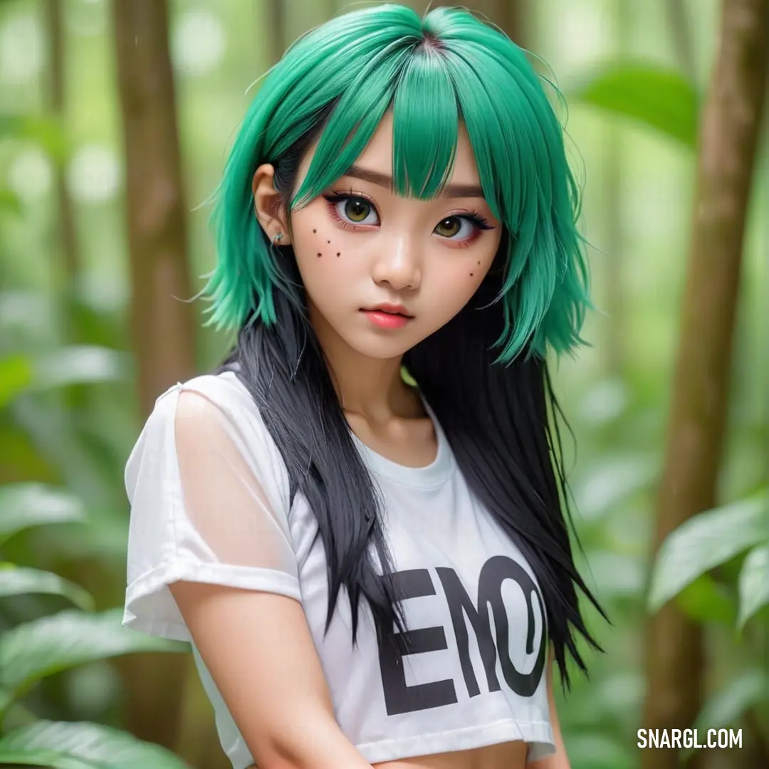 PANTONE 2240 color example: Girl with green hair and a white shirt in the woods with trees in the background and leaves in the foreground