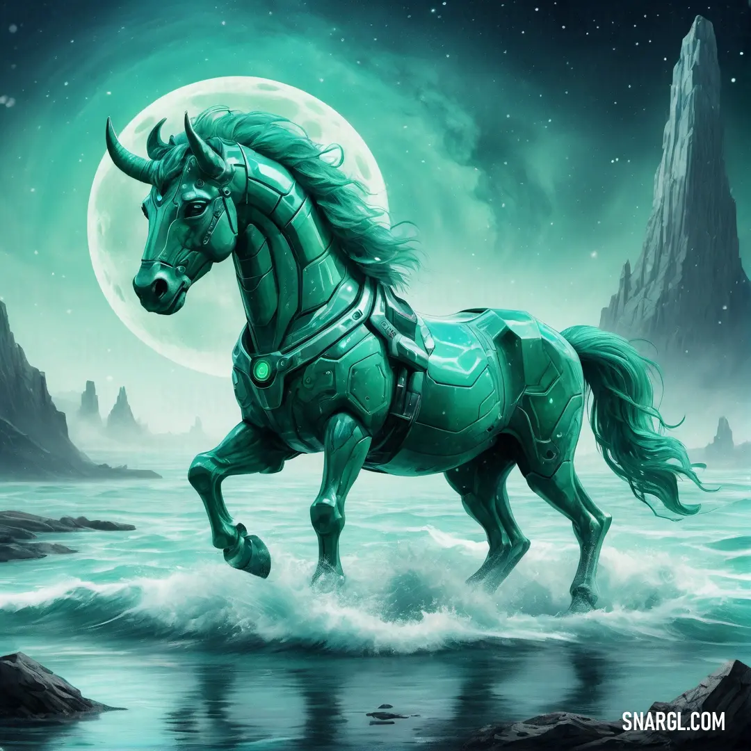 Green horse is running through the water with a moon in the background and a mountain range in the distance. Example of CMYK 74,0,49,0 color.