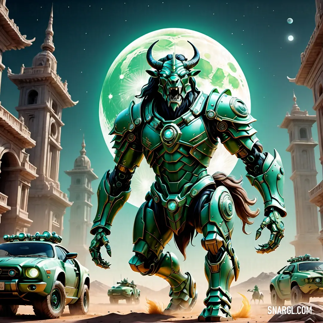 Green monster with horns and a huge body of armor standing in front of a green car in a desert. Example of #45AF99 color.